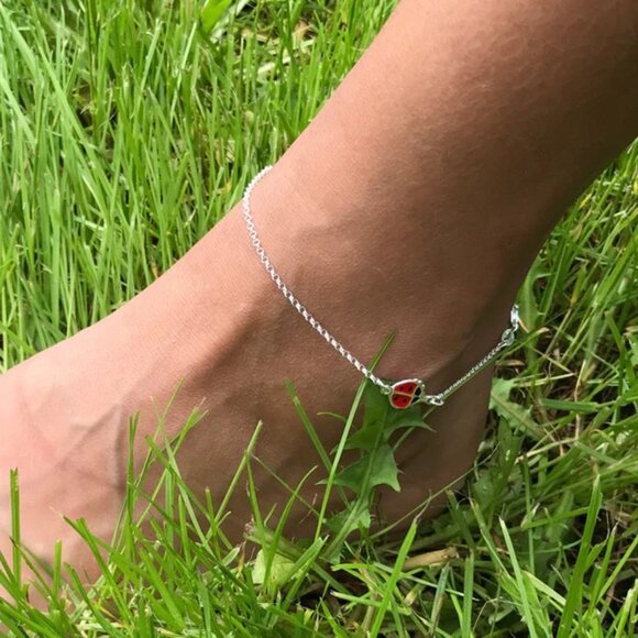 SUPER CUTE STERLING SILVER ROLO CHAIN ANKLET ENAME LADYBUG CHARM ADORNMENT - Picture 3 of 3